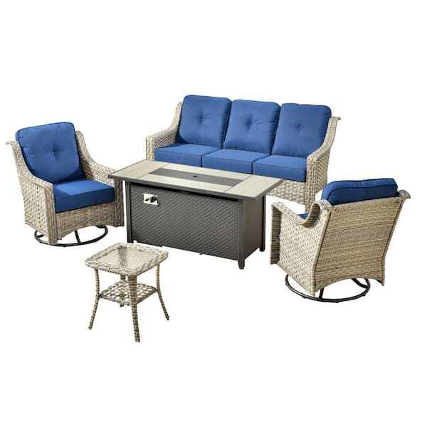 Eureka 5-Piece Wicker Patio Conversation Sofa Seating Set with Metal Fire Pit Table and Navy Blue Cushions