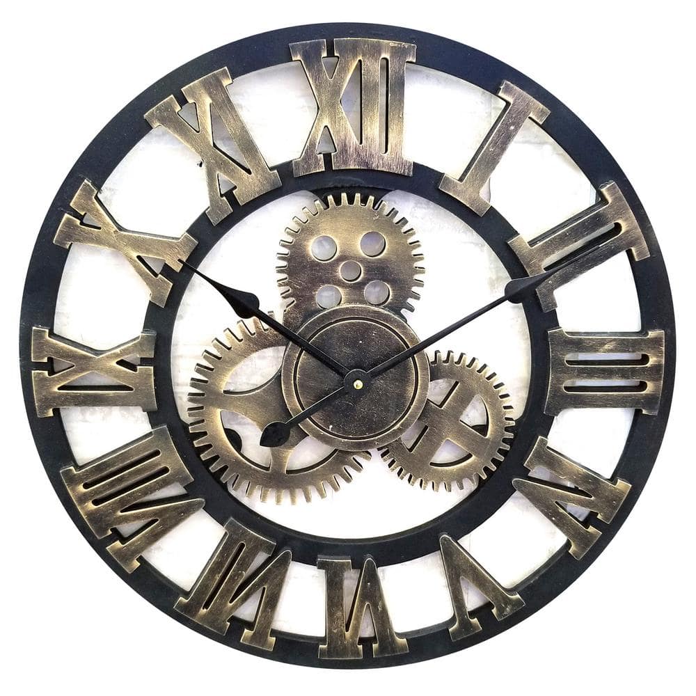 Westclox Westclox Gear Wall Clock With Black And Gold Finish With Roman Numerals The Home Depot