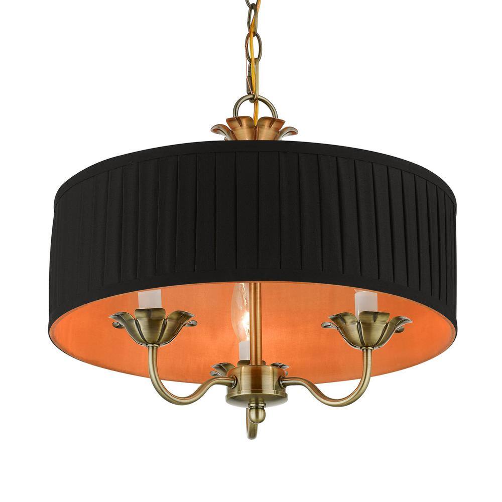 Antique Brass Transitional 3-Light Drum Pendant with Pleated Shade