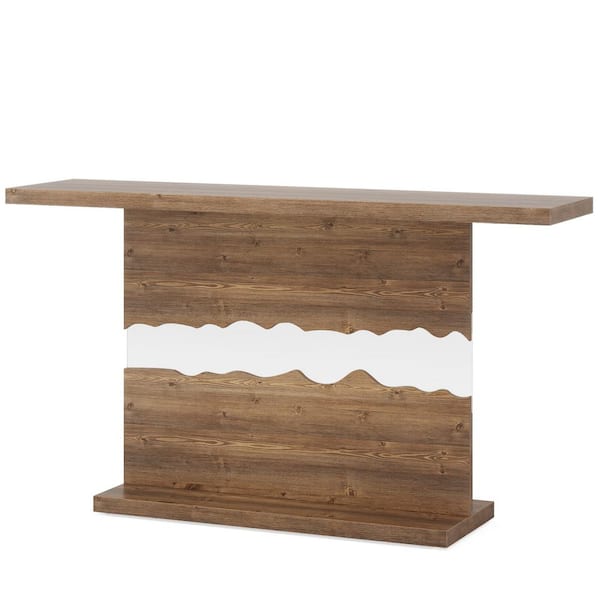 BYBLIGHT Turrella 55 in. Brown Rectangle Wood Console Table with Wood Frame Spliced Tempered Glass, Farmhouse Entryway Sofa Table
