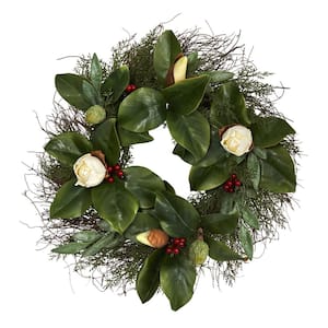 20 in. Cedar Ruscus and Magnolia with Berries Artificial Wreath