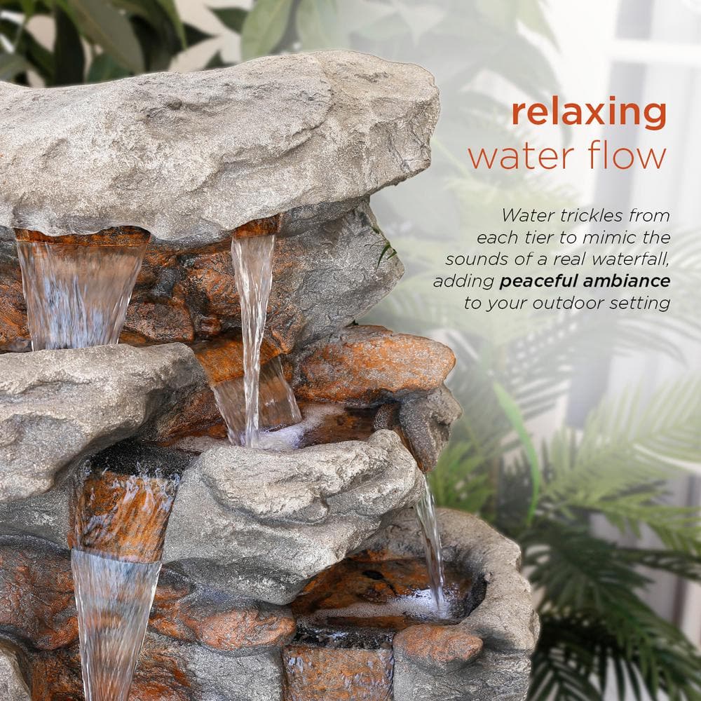 52" Brown Tiered Rock Waterfall Fountain with LED Lights