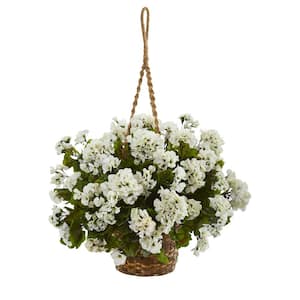 Indoor/Outdoor UV Resistant White Geranium Hanging Basket Artificial Plant
