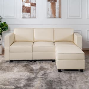 87.01 in. W Beige Faux Leather Sectional Sofa with Storage and Ottoman, 3 Seater Living Room Suite for Small Spaces