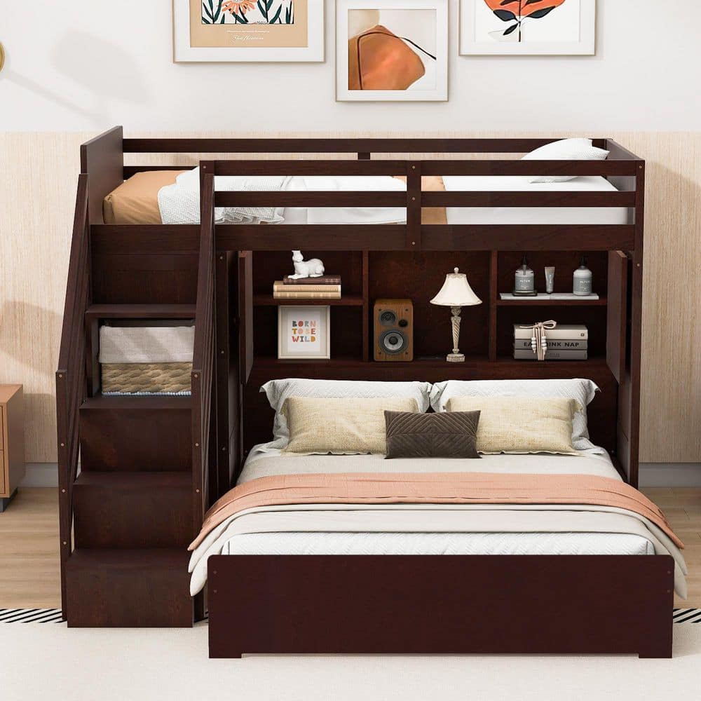 Harper & Bright Designs Espresso Twin Over Full Bunk Bed with Light ...