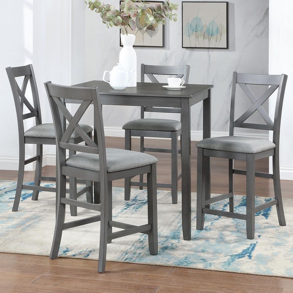 5 Piece Rectangular Gray Wood Top Dining Table Set Seat 4
