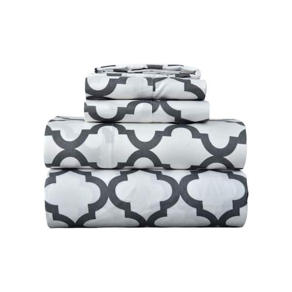 4-Piece White and Charcoal Novelty Microfiber Full Sheet Set