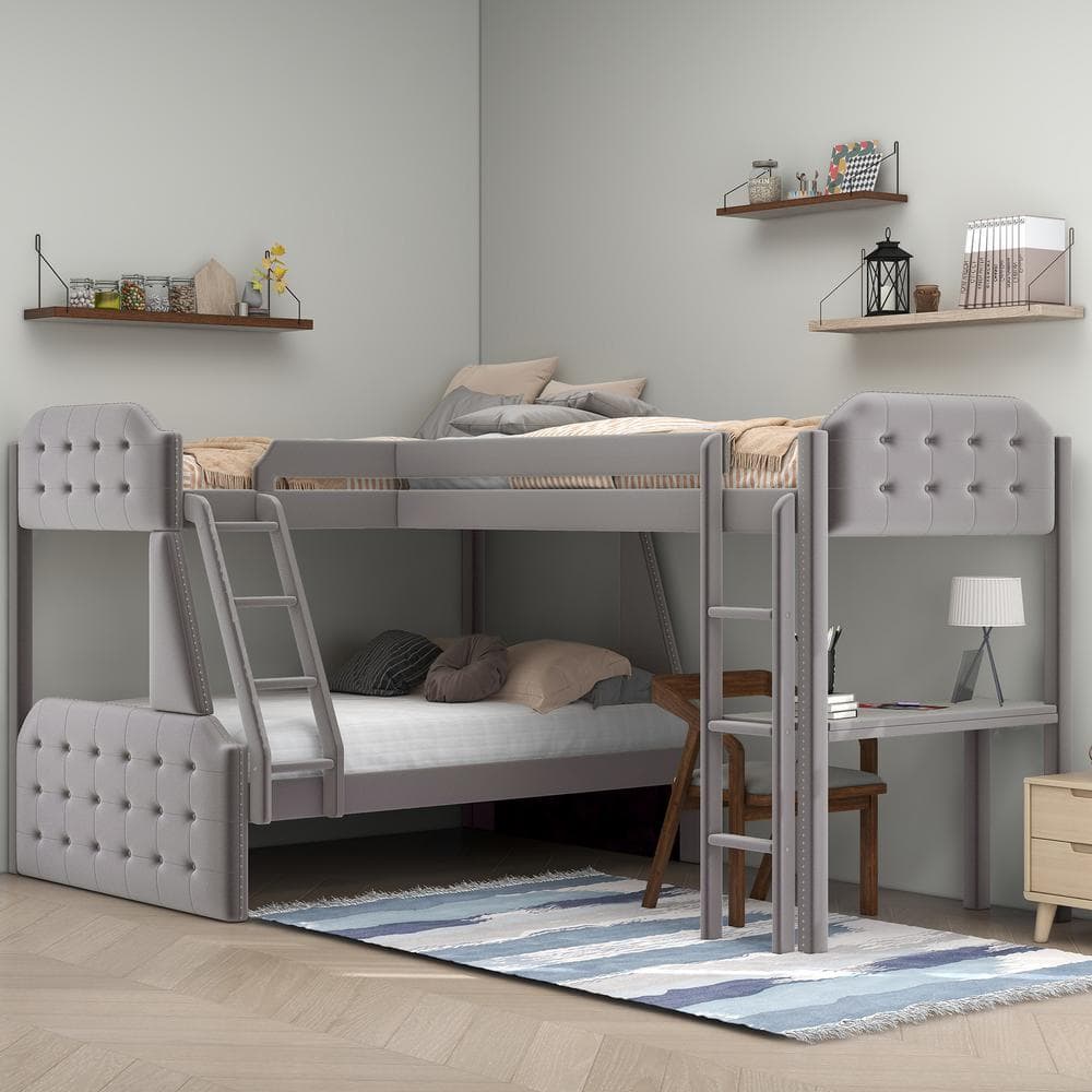 Harper & Bright Designs Elegant L-Shaped Gray Twin over Full Bunk Bed with  Built-in Desk, Nail Head Trim and Button-Tufted Frame QHS228AAE - The Home  