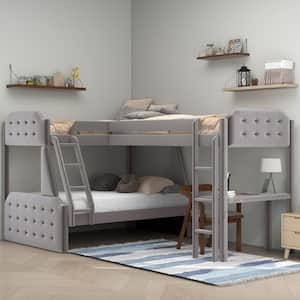 Elegant L-Shaped Gray Twin over Full Bunk Bed with Built-in Desk, Nail Head Trim and Button-Tufted Frame