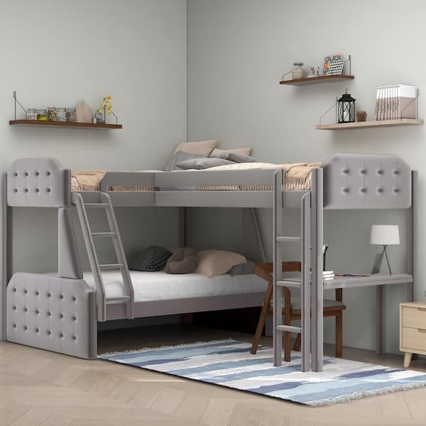 Harper & Bright Designs Elegant L-Shaped Gray Twin over Full Bunk Bed with Built-in Desk, Nail Head Trim and Button-Tufted Frame