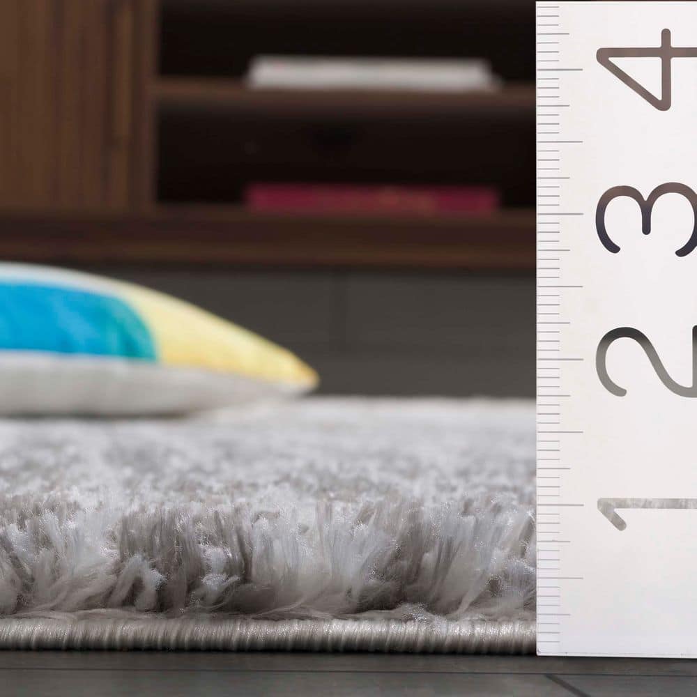 Ivory and Gray Synthetic Shag Runner Rug, 2' x 8'
