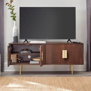 54 in. Mid-Century Modern Walnut Brown Media Cabinet with Gold Metal Accents
