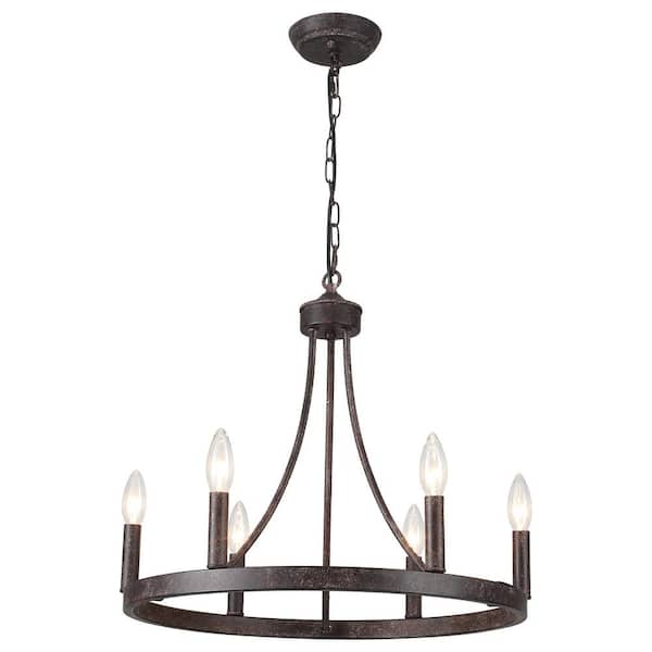 6-Light Antique Black Farmhouse Wagon Wheel Chandelier Rustic Dining Room Pendant Light