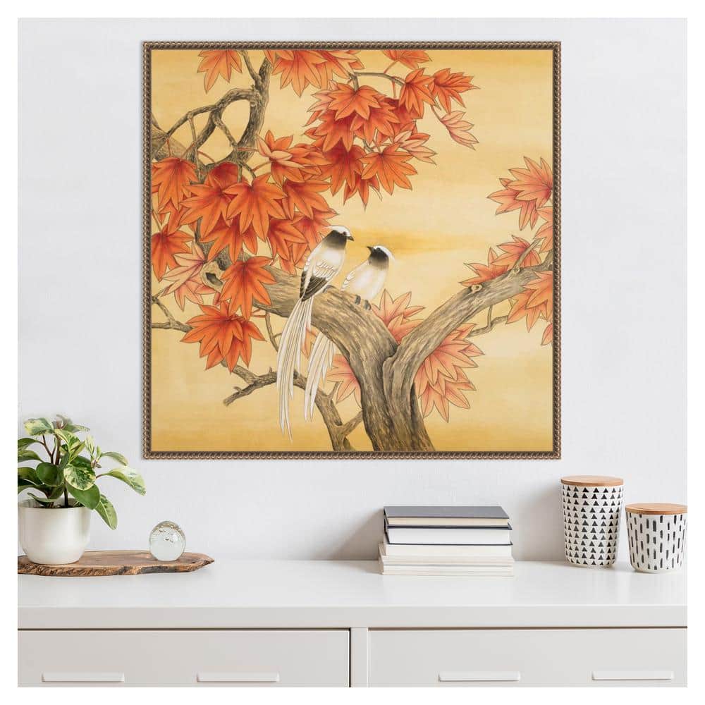 Autumn Love Birds Framed Canvas Wall Art with Beaded Perimeter