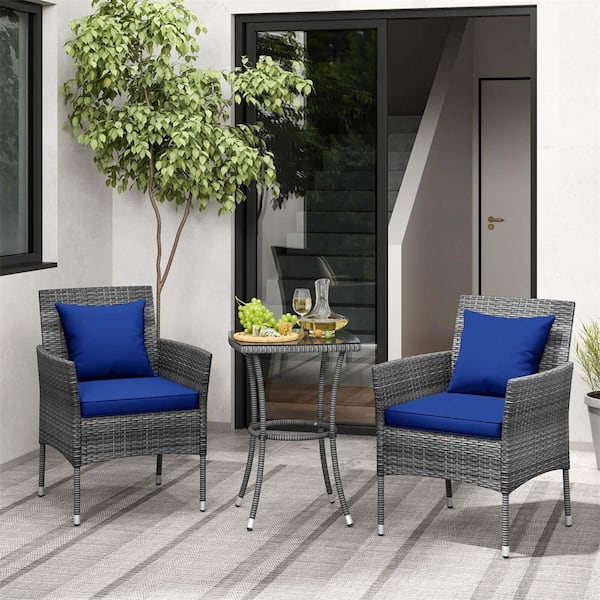 Costway 3-Piece Wicker Patio Furniture Set with Tempered Glass Coffee Table Navy Cushions