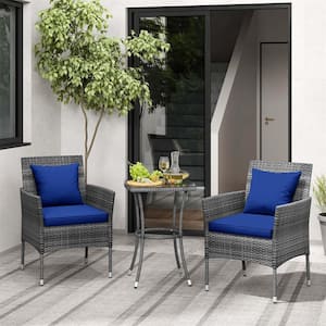 3-Piece Wicker Patio Furniture Set with Tempered Glass Coffee Table Navy Cushions