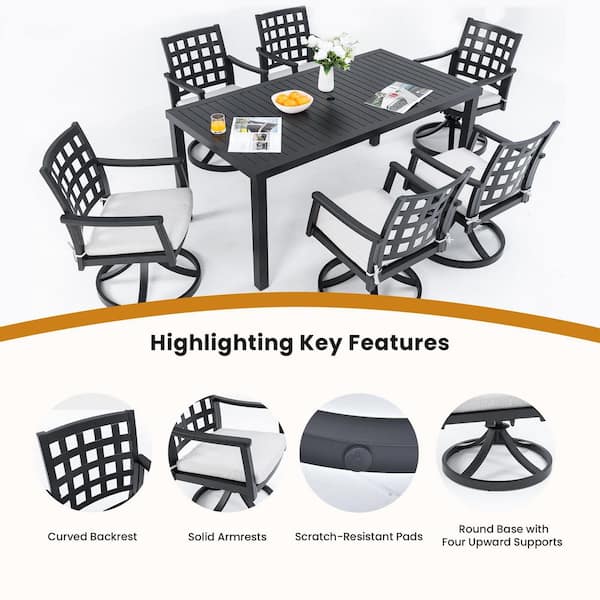 2-Piece Modern Cast Aluminium Outdoor Dining Swivel Rockers with Sunbrella Cast Silver Cushions