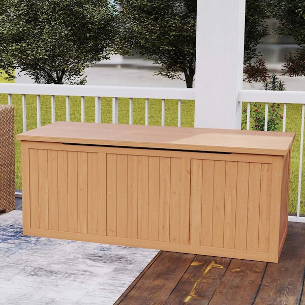 112 Gal. Light Brown Fir Wood Deck Box Outdoor Storage Container Patio Storage Bench for Garden Poolside