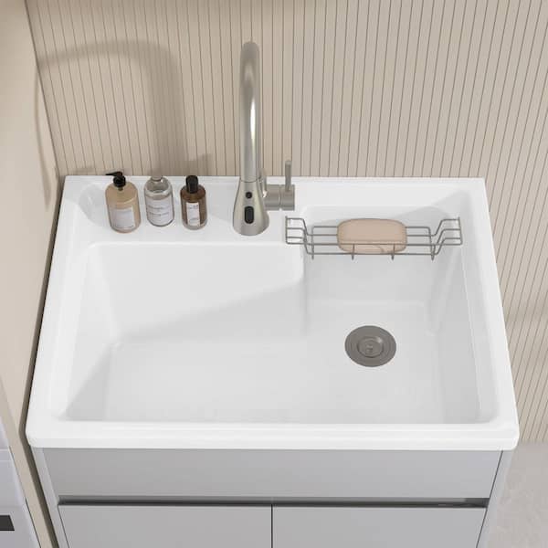 30 in. W x 22 in. D Solid Surface Drop-In Laundry/Utility Sink with Cold Hot Water Faucet and Drain in White