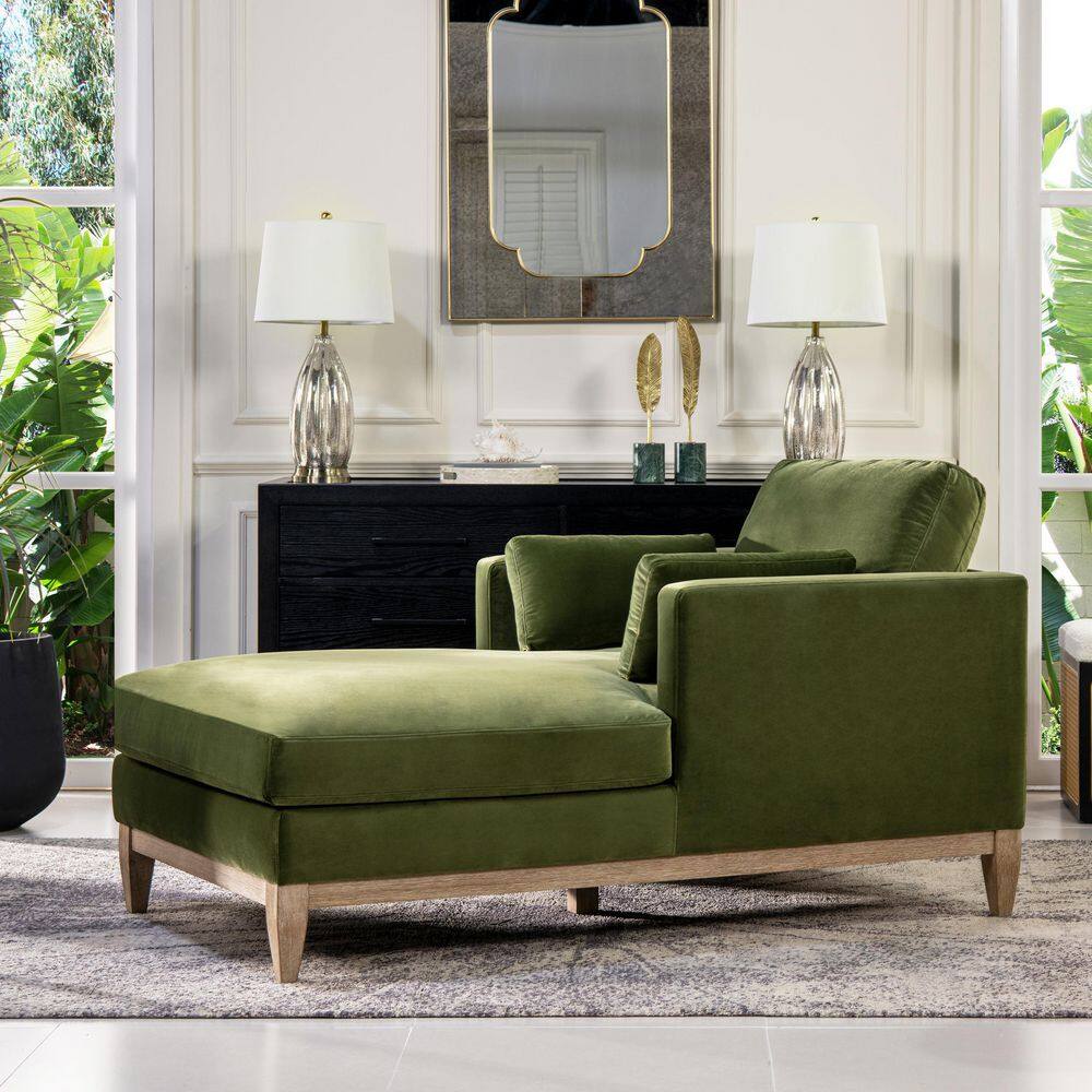 Olive Green Velvet and Wood Chaise Lounge Chair
