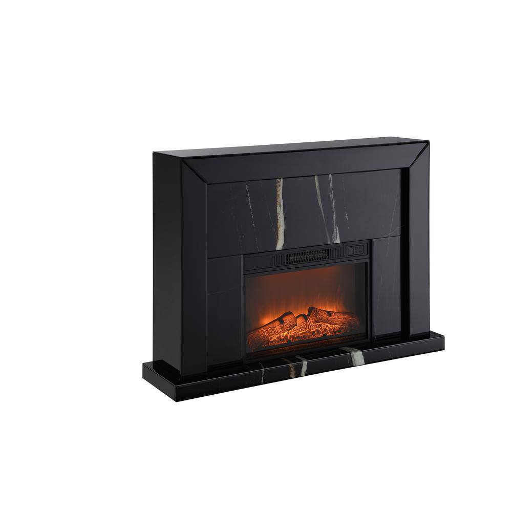 36.00 in. Black Freestanding Mirrored Finish Electric Fireplace with Marble