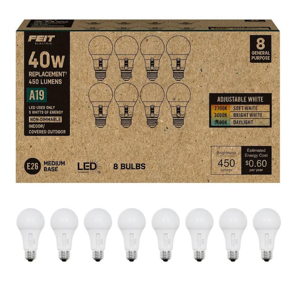 40-Watt Equivalent A-Style A19 Non-Dimmable CEC LED Light Bulb W/Selectable Color Temperature (2700K/3000K/5000K)8-Pack