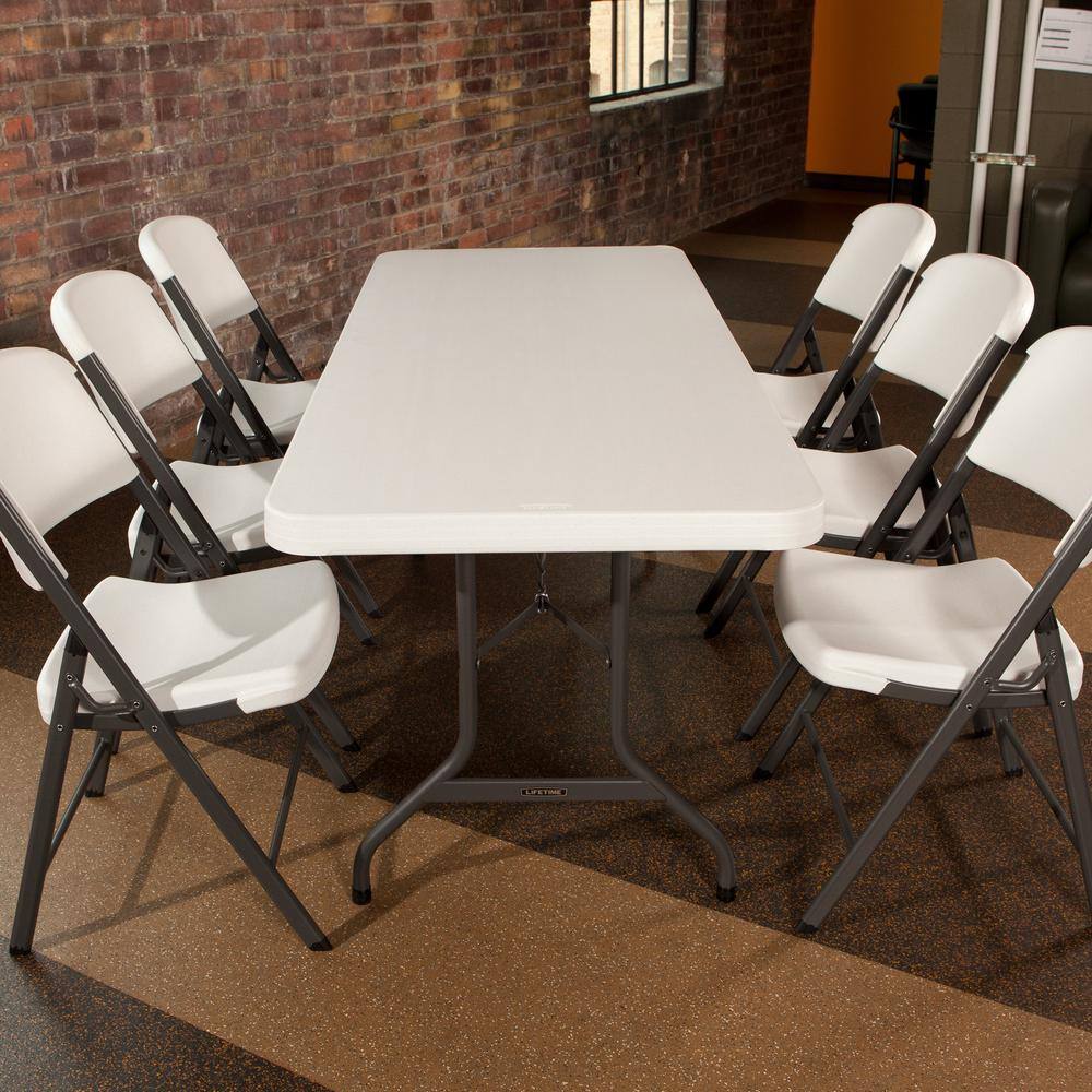 6-Foot White Granite Rectangular Folding Table with Steel Frame