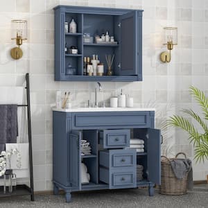 36 in. W x 18 in. D x 34 in. H Single Sink Freestanding Bath Vanity in Blue with White Resin Sink Top and Mirror Cabinet