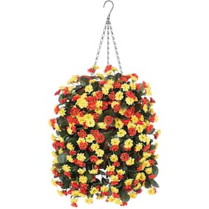 25 in. Orange Yellow Artificial Flowers in Hanging Basket