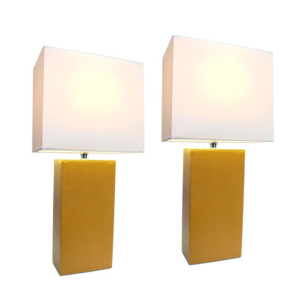 Tan Leather Table Lamp Set with White Shades, 21-inch
