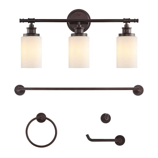 JONATHAN Y Egan 23.25 in. 3-Light Vanity Light with Frosted Glass Shades and Bathroom Hardware Set, Oil Rubbed Bronze (5-Piece)