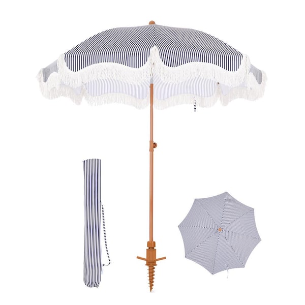 PHI VILLA 7 ft. Metal Beach Umbrella in Navy Strips with Tassel Design and Cover