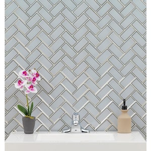 Ice Bevel Herringbone 13 in. x 11 in. Glossy Glass Mesh-Mounted Mosaic Tile (10.6 sq. ft. / case)