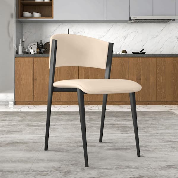 Leather Dining Chairs with Black Iron Legs Curved Open Back Design Side Chairs in Taupe