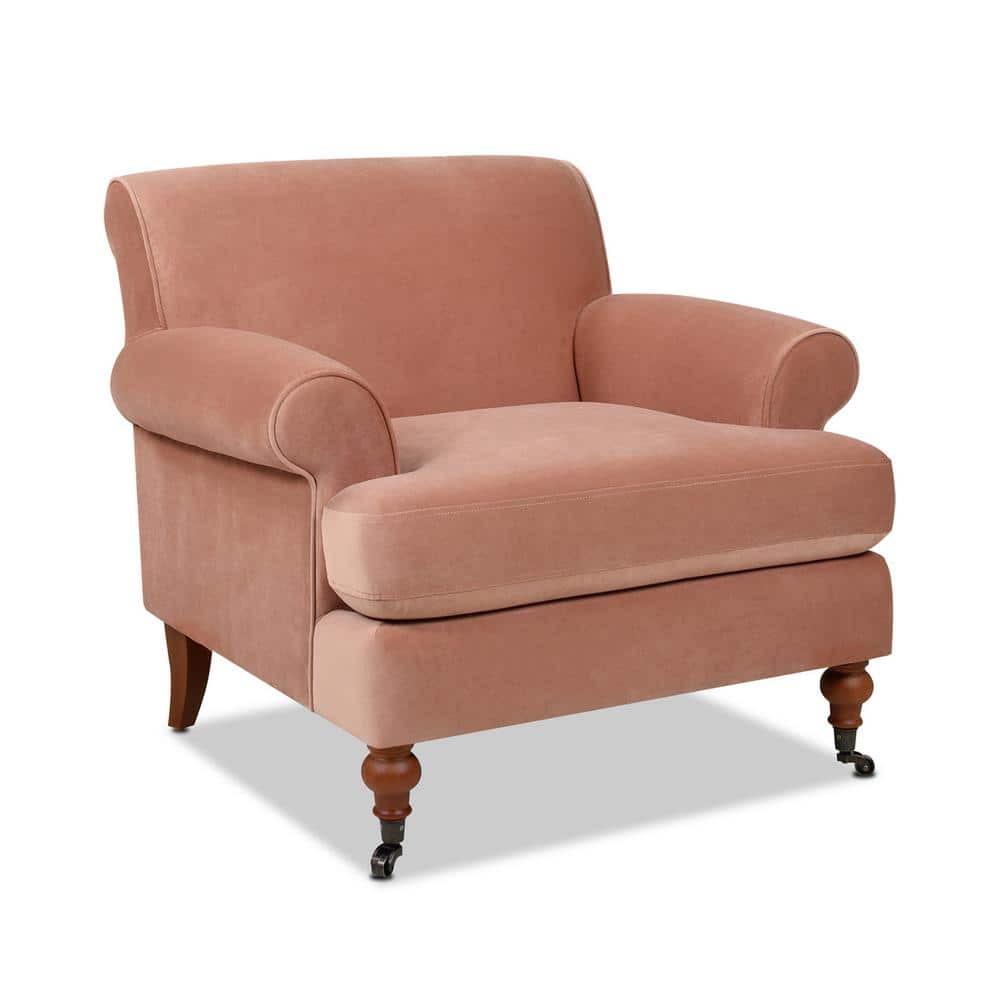 Elegant Peach Orange Velvet Wood Accent Chair with Handcrafted Comfort