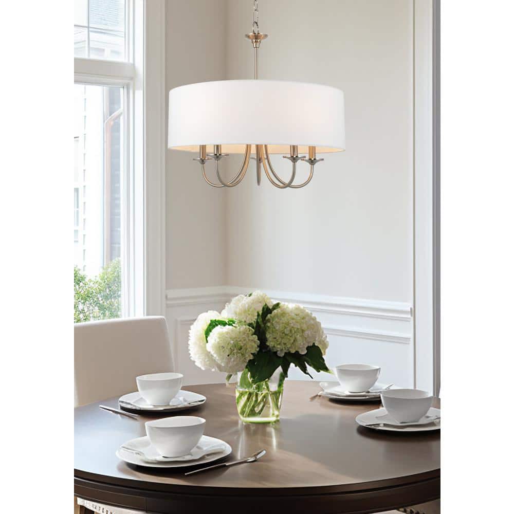 Elegant Brushed Nickel 5-Light Drum Chandelier with White Linen Shade
