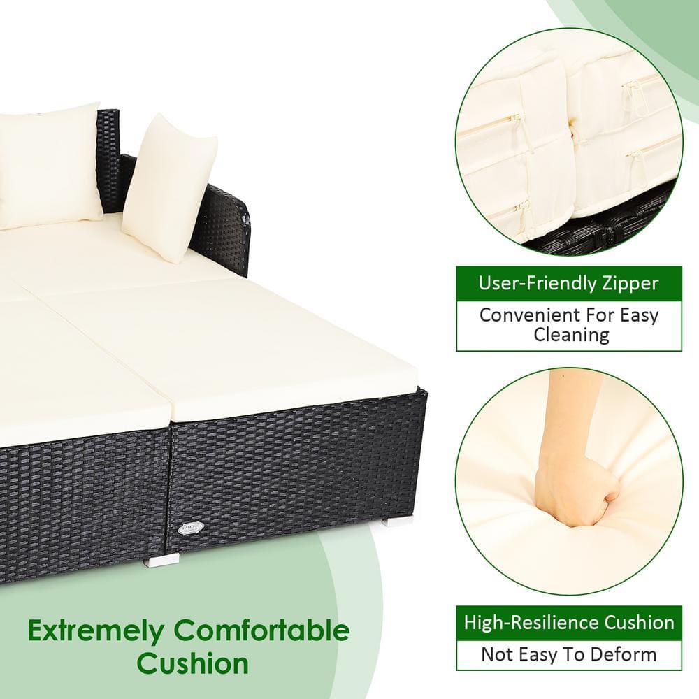 Beige Rattan Outdoor Daybed with Cushions and Pillows