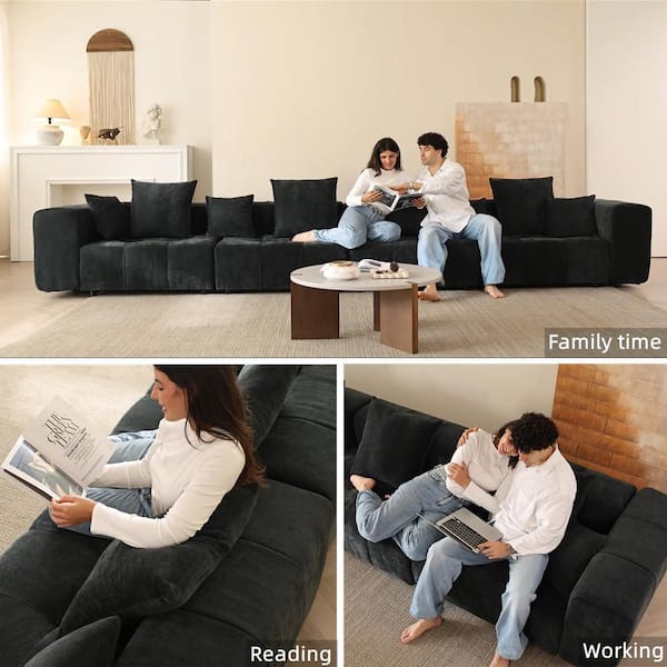 144 in. Oversized Square Arm Linen Rectangle Modular Sectional Sofa 3-Seater in Black