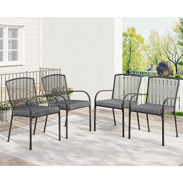 Metal Outdoor Patio Chairs (Set of 4) with Grey Cushions, Stackable Outside Dining Chairs with Armrests