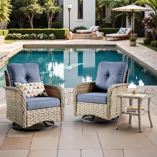 Beverly Gray 3-Piece Wicker Outdoor Patio Conversation Swivel Rocking Chair Seating Set with Denim Blue Cushions