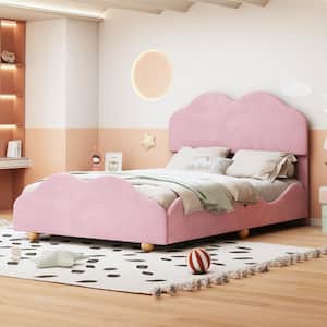 Light Pink Wood Frame Full Size Soft Velvet Upholstered Platform Bed with Lovely Cloud Shaped Headboard