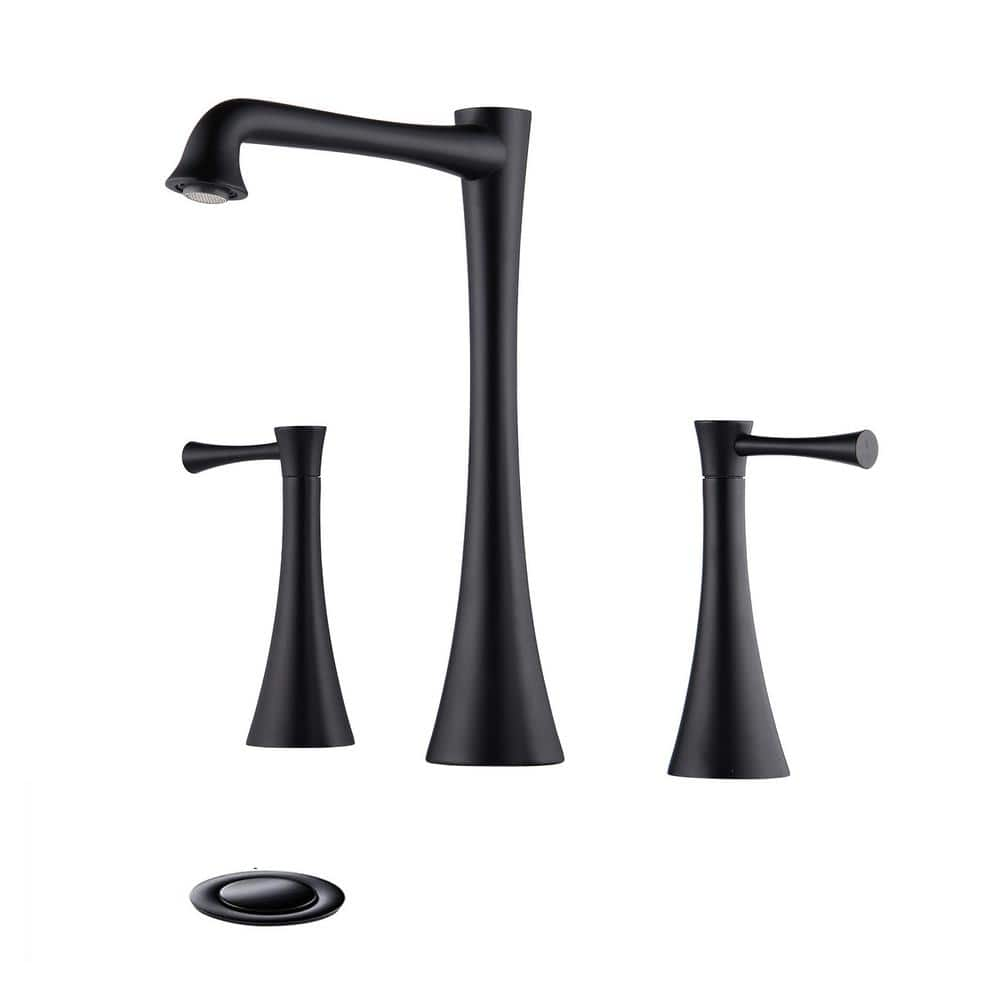 Modern 8 in. Widespread Double Handle 360° Swivel Spout Bathroom Faucet with Drain Kit Included in Matte Black -  UPIKER, UP2301SFB0012