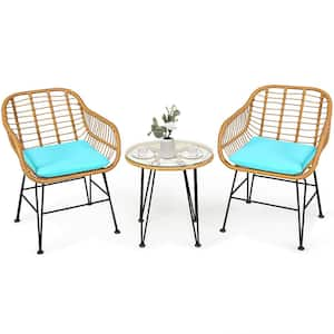 3-Piece Rattan Patio Conversation Set with Turquoise Cushion