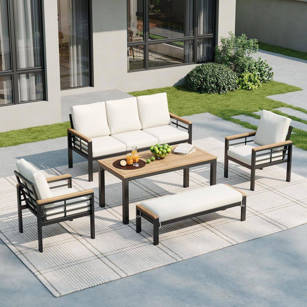 5-Piece Metal and Wood Outdoor Patio Conversation Set with Acacia Wood Table and Beige Cushions price history on PriceWatchPro