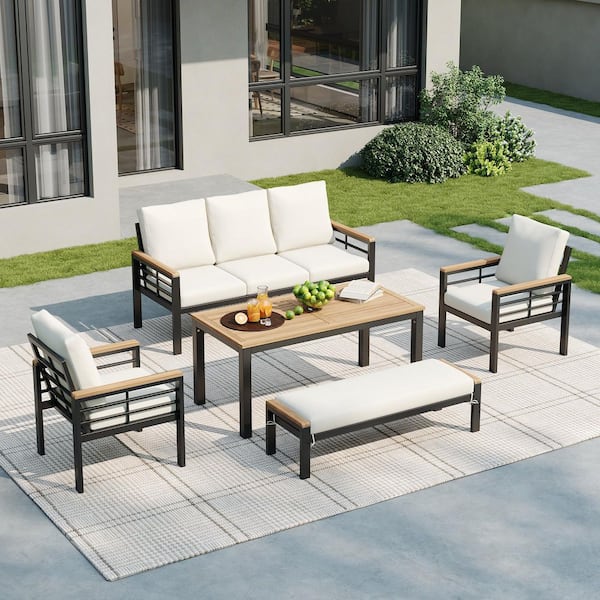 5-Piece Metal and Wood Outdoor Patio Conversation Set with Acacia Wood Table and Beige Cushions