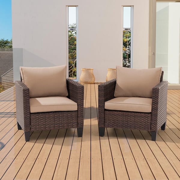 2-Piece Patio Sofa Brown Wicker Outdoor Single Sofa Set, Sand