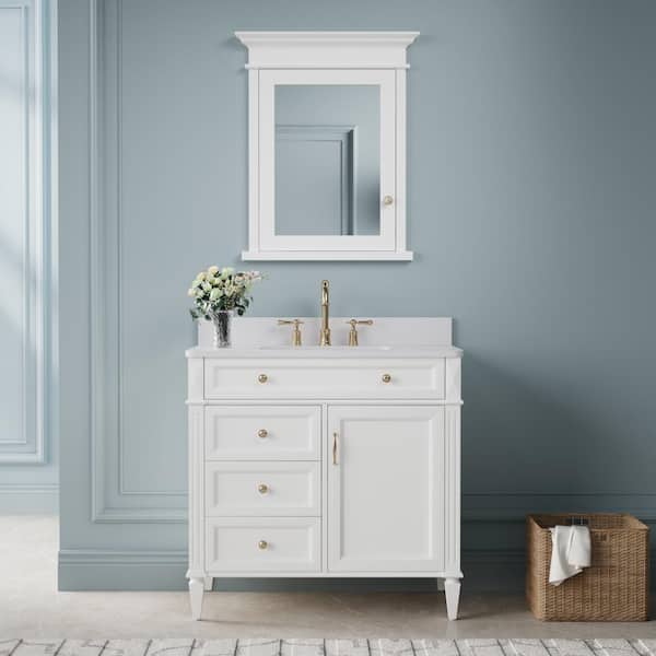 WELLFOR 36 in. W x 22 in. D x 35 in. H Single Sink Bath Vanity in White with White Quartz Top and Medicine Cabinet with Mirror