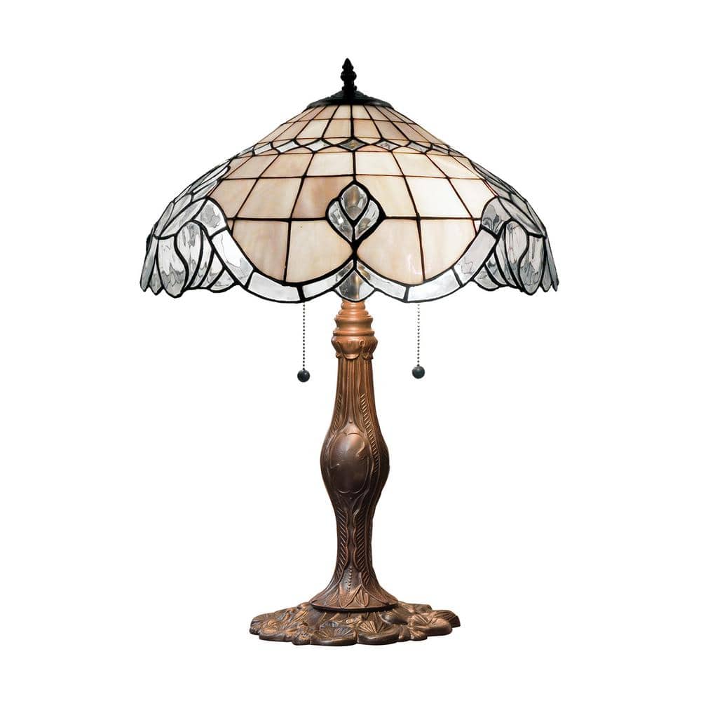 Pearl White Stained Glass and Bronze Table Lamp Set