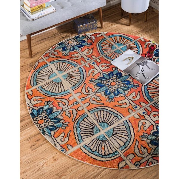 Estrella Salma Orange/Blue 6 ft. x 6 ft. Round Floral Area Rug