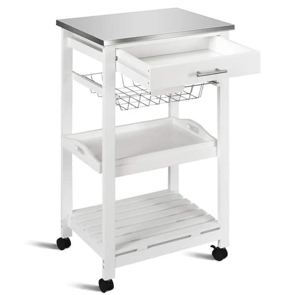 Unbranded 4-Tier White Rolling Kitchen Cart on Wheels with Stainless Steel Tabletop and Basket